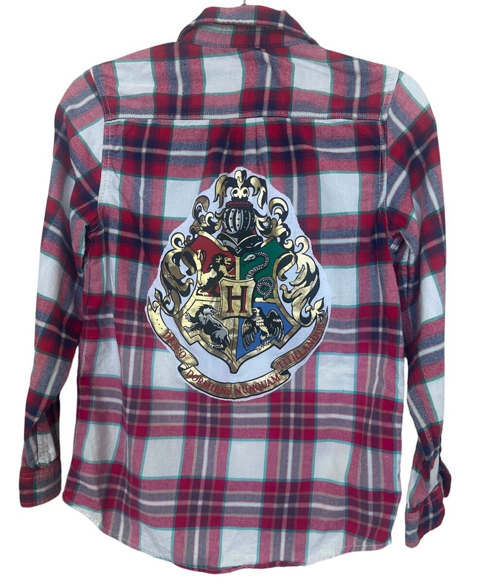 Harry Potter Plaid Flannel Shirt Kids LARGE Unique Hogwart Coat of Arms Upcycled